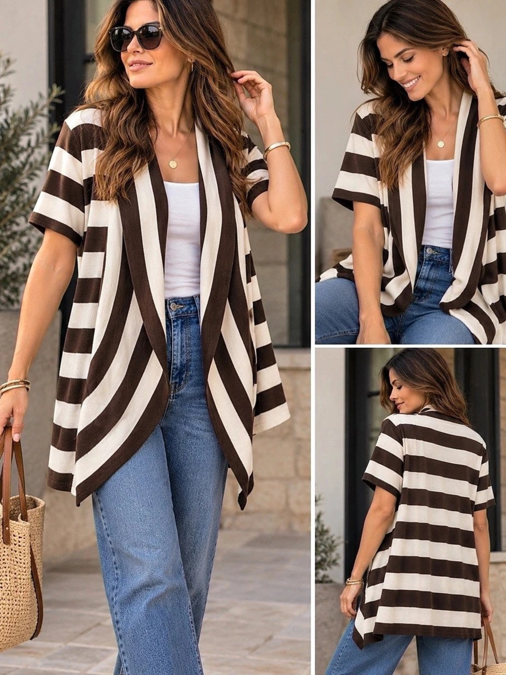 INTERNATIONAL CONCEPTS Striped Open Front Cardigan in Brown & White Size Medium
